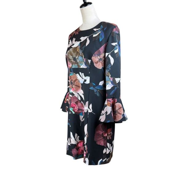 Trina Turk Panache 2 Faye Black Floral Flounce Bell Sleeve Cocktail Shift Dress - Picture 4 of 13